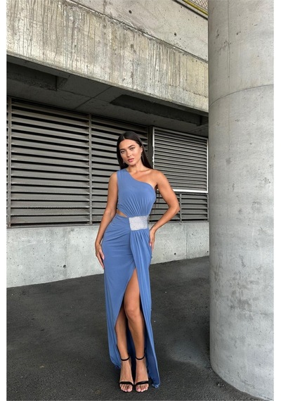 Lior Design Kadın Trend Model Sandy Kumaş Tek Omuz Balık Kesim Abiye Elbise İndigo