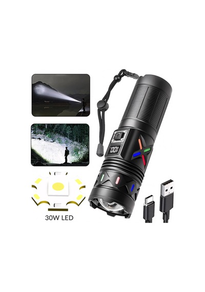 Bd-5 30w Tg Led Alüminyum Alaşımlı Zoomlu Type-c Dijital Göstergeli Şarjlı El Feneri