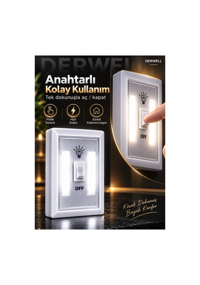 Kablosuz Cob Led Duvar Lambası - Pilli Pratik Led Gece Lambası Anahtarlı Işıldak - Ev Ofis Dolap İçi Gardırop Karavan Merdiven Aydınlatması Mıknatıslı Taşınabilir Lamba