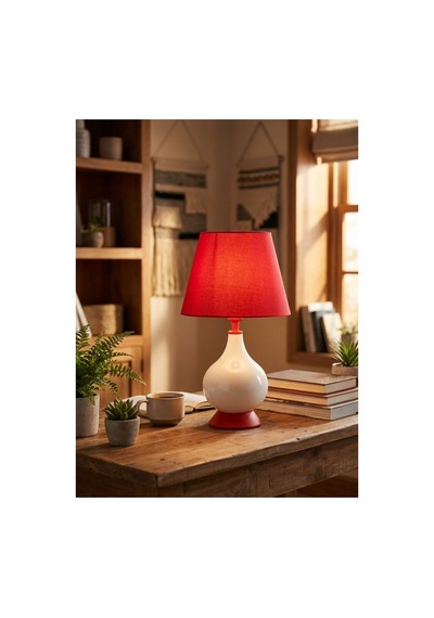 Işık Geçiren Porselen Abajur 46 Cm - Krem, İpek Şapkalı Pa020101s