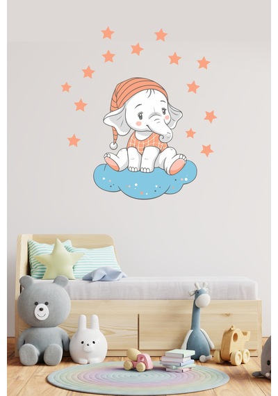 Bulutta Oturan Sevimli Fil ve Yıldızlar Çocuk Odası Duvar Sticker