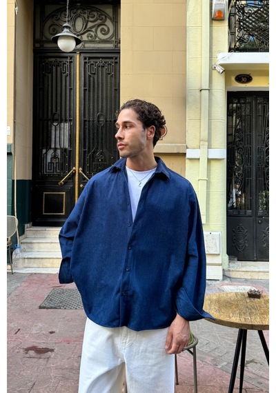 Flaw Fitilli Kadife Oversize Gömlek Lacivert-27225 Lacivert