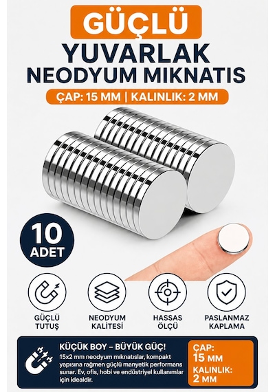 10 Adet 15x2 Güçlü Yuvarlak Neodyum Mıknatıs, Çap: 15 Mm Kalınlık : 2 Mm