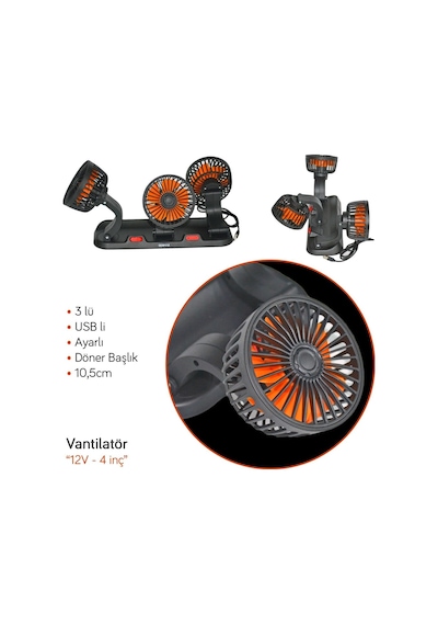 Nyf Benmax Oto Vantilatör Üç Fanlı Döner Başlık Usb Bağlantılı Bx14 043