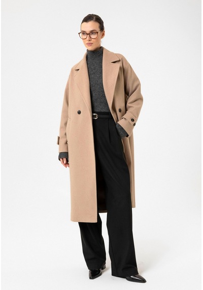 Antioch Kadın Yumuşak Dokulu Oversize Kruvaze Kaban Camel