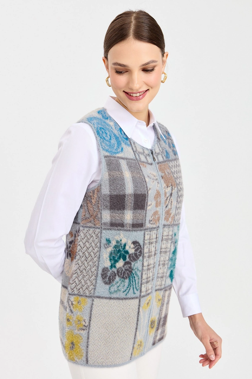 Desen Triko Kadın Sıfır Yaka Patchwork Yelek A.mavi A.mavi