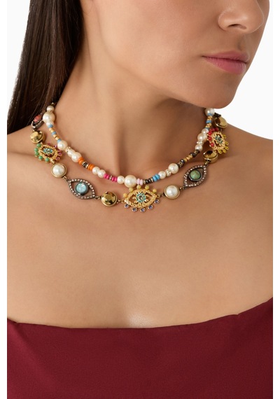 Multi-strand Eye Necklace, Çok Sıralı Göz Kolye, Incili, Kristalli Ve Nazar Boncuklu Gümüş