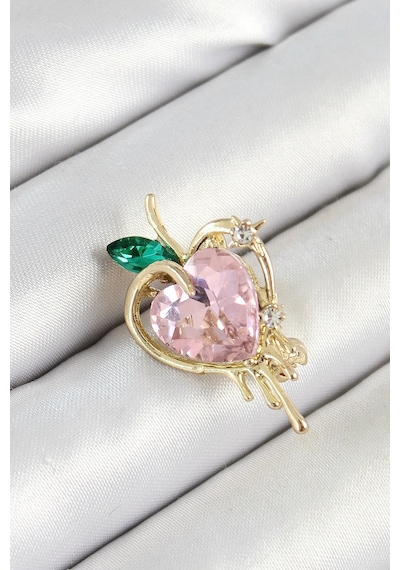 İetaks Pembe Ve Yeşil Zirkon Taşlı 3d Eriyen Kalp Figürlü Gold Renk Kadın Broş Renk