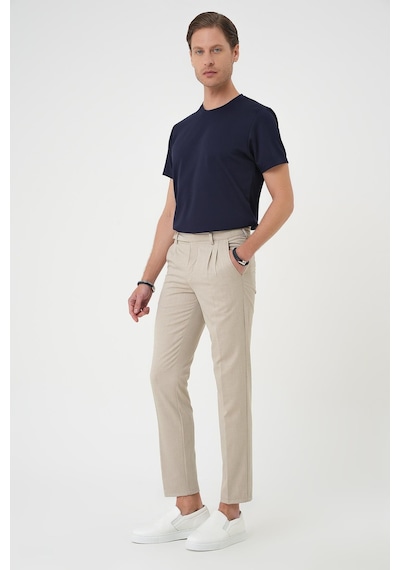 Efor Comfort Fit Çift Pileli Dokulu Esnek Pamuk Bej Pantolon P 1158 Bej