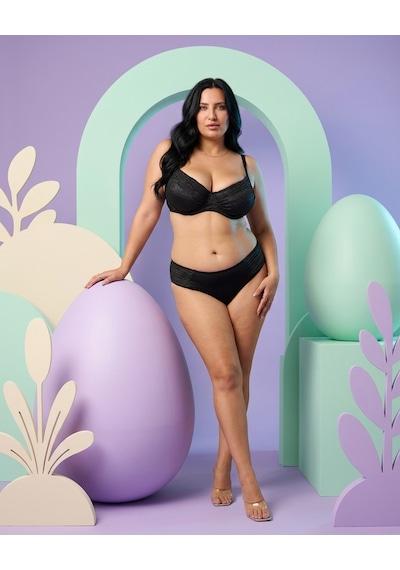 Büyük Beden Balenli Toparlayıcı Simli Ayarlanabilir Askılı Kadın Bikini Takımı Siyah