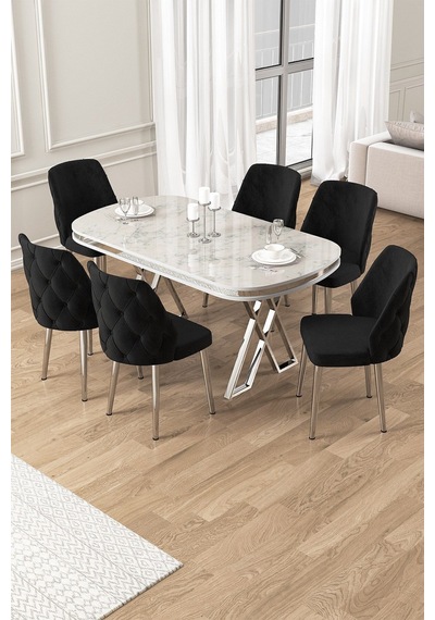 Canisa Afe Serisi 90x168 Lak Panel Beyaz Mermer Desen Krom Ayak Masa Takımı 6 Siyah Sandalye Beyaz Mermer Desen Masa Sandalyeler Siyah Canisa Afe Serisi 90x168 Lak Panel Beyaz Mermer Desen Krom Ayak Masa Takımı 6 Siyah Sandalye Beyaz Mermer Desen Masa Sandalyeler Siyah