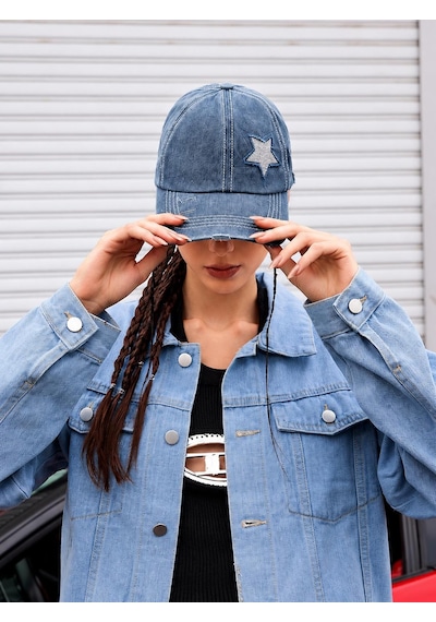 Valkyrie Vintage Lacivert Yıldız Nakışlı Şapka Unisex Eskitme Baseball Cap Ayarlanabilir Pamuk Günlük Spor Şapka