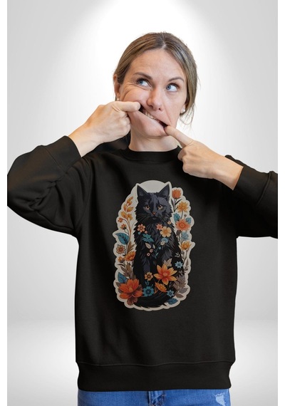 Çiçekli Siyah Kedi Etiket Unisex Siyah Baskılı Sweatshirt Siyah