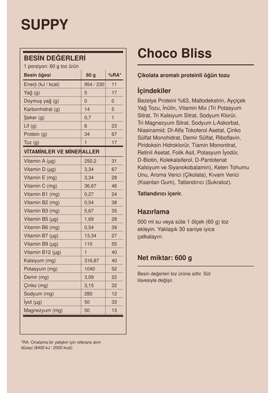 Suppy Choco Bliss Çikolatalı Proteinli Öğün Tozu 600 G Çikolata