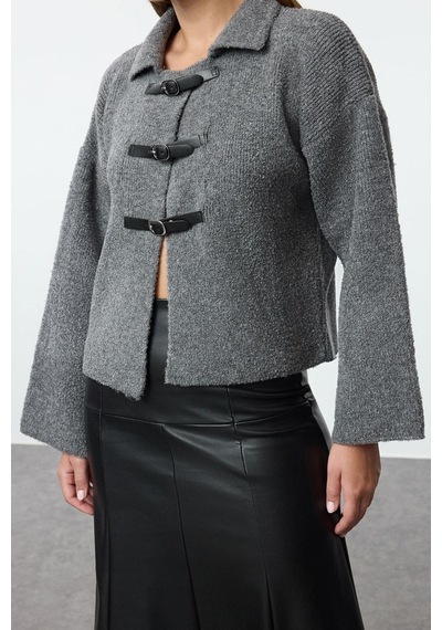 Ersefa Stil Modern Kadın Regular Standart Kol Polo Yaka Buklet Mont Görü Gri