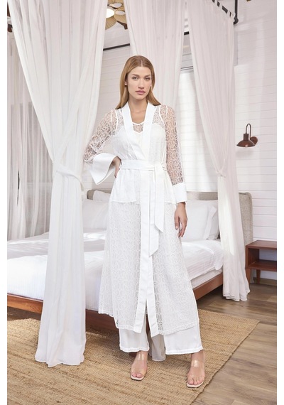 Aria's Closet Arias Closet Uzun Kollu Dantelli Ve Kuşaklı Sabahlık Beyaz