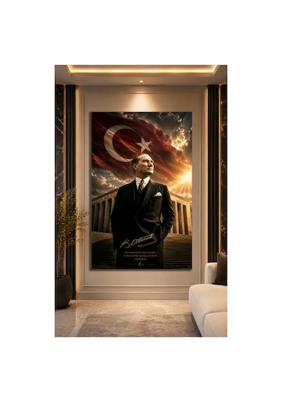 Mustafa Kemal Atatürk Türk Bayrağı Ve Cam Tablo Sanatsal Duvar Dekoru Canlı Renkli Baskı Salon Ve Oturma Odası Sevdiklerinize Hediyelik