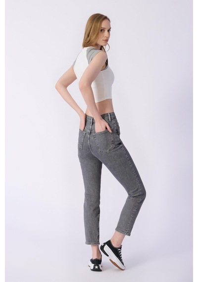 Claudia Mom Kalıp Düz Denim Pantolon-gri Gri