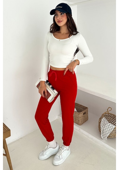 Kadın Bağcıklı Jogger Pantolon & Eşofman Altı Sportif & Enerjik Stil Kırmızı Kadın Bağcıklı Jogger Pantolon & Eşofman Altı Sportif & Enerjik Stil Kırmızı