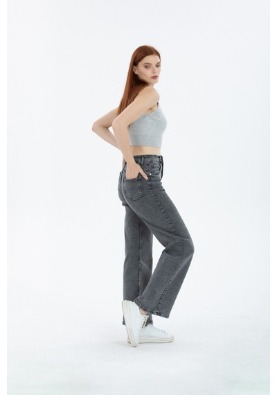 90's Kar Yıkama Kar Gri Likralı Süper Yüksek Bel Wide Leg Salaş Jeans Palazzo Kot Pantolon Gri