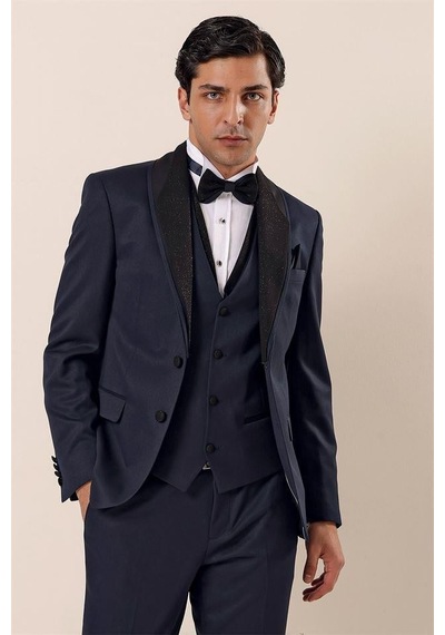 İmza Koyu Lacivert Desenli Çıkarılabilir Şal Yaka Yelekli 6 Drop Slim Fit Smokin Damatlık Takım 1001230204-Lacivert