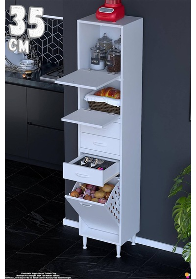 Yaren 35 Cm Erzak Dolabı 2 Kapaklı 3 Çekmeceli Sepetli Çok Amaçlı Mutfak Kiler Dolabı 35x194x32 Cm Beyaz