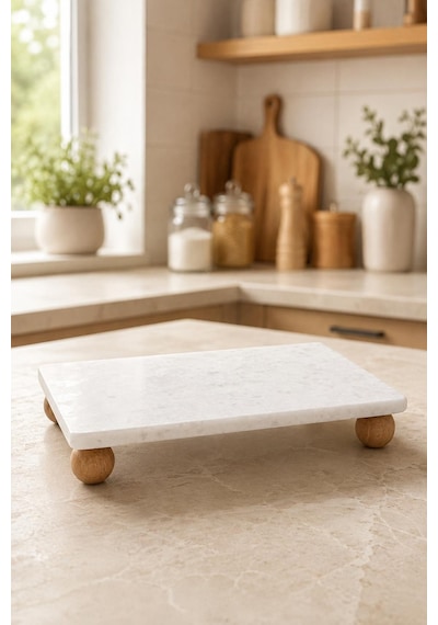 Top Ayaklı Doğal Mermer Sunumluk 23x12 Cm Ahşap Ayaklı Dekoratif Servis Standı Ve Yağlık Altlığı