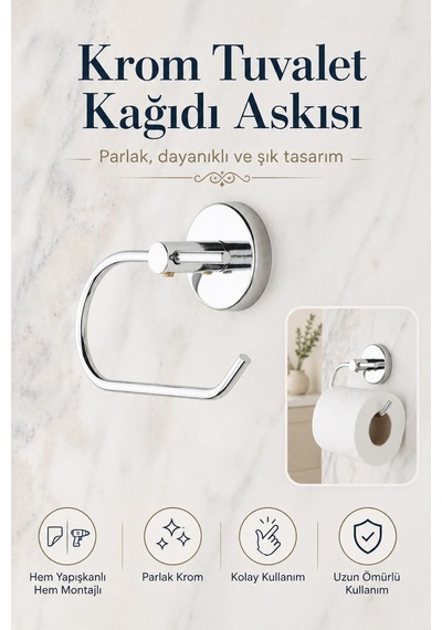 Alper Banyo Ceria Krom Eko Kapaksız Tuvalet Kağıdı Askısı Tuvalet Kağıtlığı Ister Yapıştır Ister Montajla