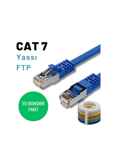 5 Adet 3 Metre, Mavi Cat7 Yassı Ftp Ethernet Network İnternet Kablosu