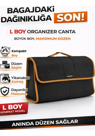 Oto Bagaj Organizer Bagaj Çantası L Boy Kaymaz Cırt Bantlı Velur Kompakt - Siyah Kahverengi
