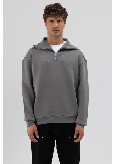 Vamos Basic Fermuarlı Dik Yaka Sweatshirt Füme