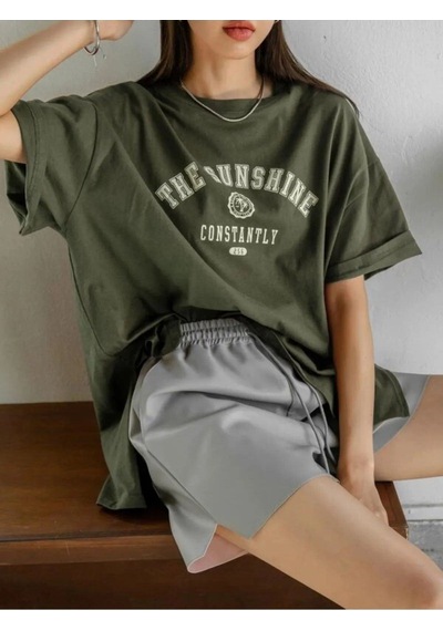 Flood Of Style Kadın Haki The Sunshine Baskılı Oversize Bisiklet Yaka Tshirt