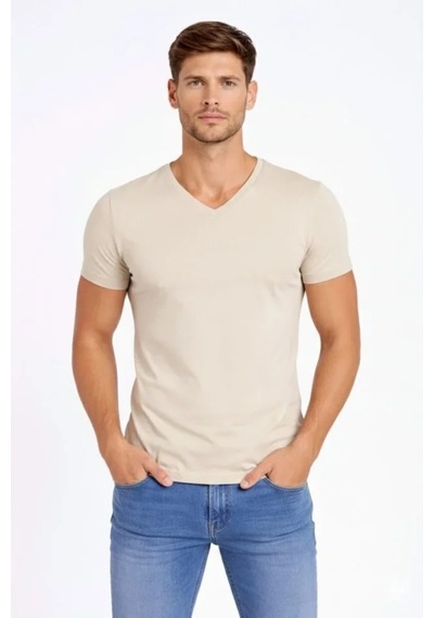 Butik İstanbul Erkek T-shirt V Yaka Slim Fit Dar Kesim Likralı Tişört Günlük Basic Body - Taş