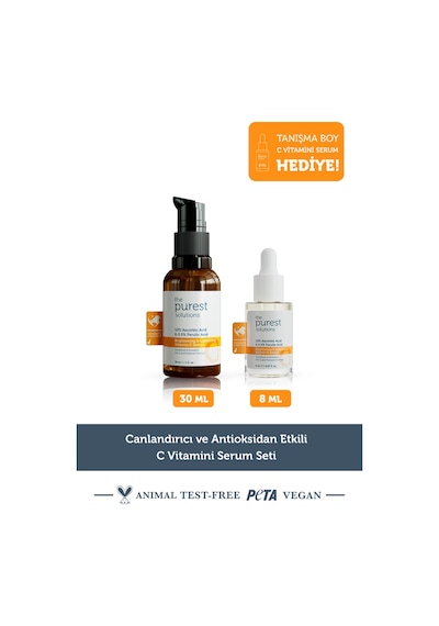 The Purest Solutions Canlandırıcı ve Antioksidan Etkili C Vitamini Serum Seti: 30 ml Serum + 8 ml Tanışma Boy