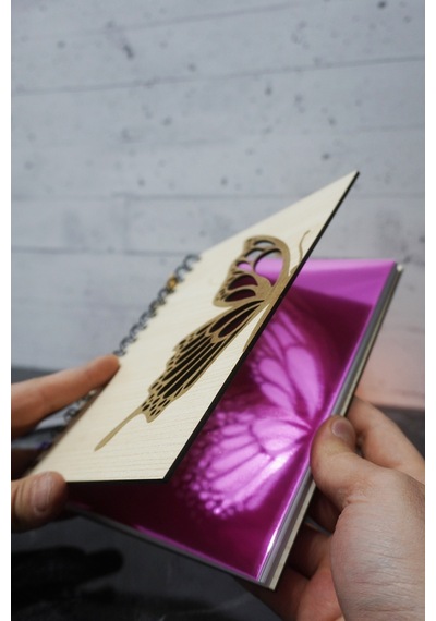 Kelebek Desenli Ahşap Kapaklı Defter - Ajanda - Günlük - Çizgisiz Defter - Düz Notebook Çizgisiz