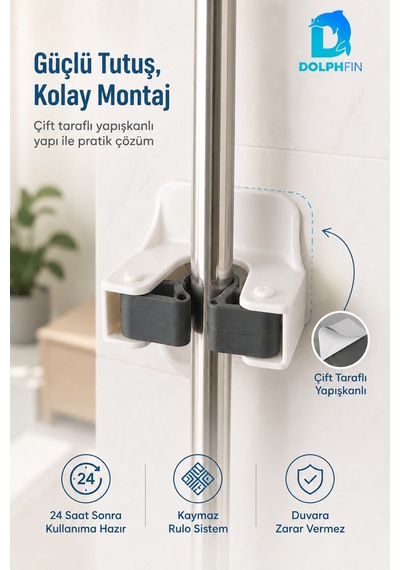 Yapışkanlı Mop Ve Süpürge Tutucu Duvara Monte Kaydırmaz Rulolu Organizer Çok Renkli