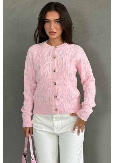 Madmext Pembe Bisiklet Yaka Örgü Desenli Kadın Hırka Mg2899