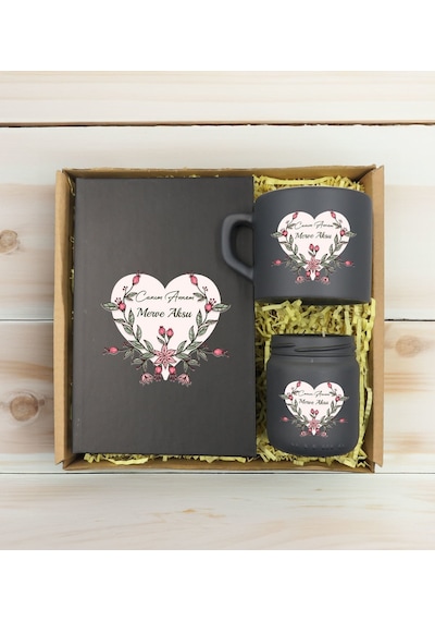 Bk Gift Kişiye Özel İsimli Dtf Anne Temalı Antrasit Defter & Kahve Fincanı & Mum Hediye Seti-5, Anneye Hediye, Anneler Günü Hediyesi Kobitmeyencom3075