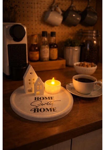 Home Sweet Home Yazılı Dekoratif Set 4 Parça Tabak, Ev Figürleri Ve Mumluk Takımı