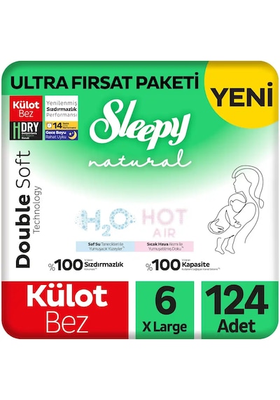 Sleepy Natural Double Soft Ultra Fırsat Paketi Külot Bez 6 Numara Xlarge 124 Adet