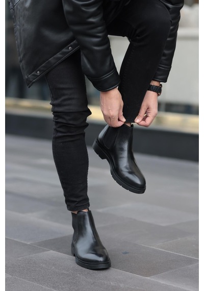 Shoetyle - Siyah Hakiki Deri Erkek Chelsea Bot-719-siyah Siyah