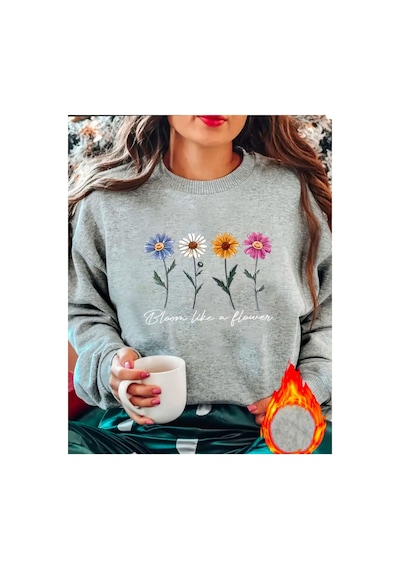 Medinenur Renkli Çiçekler Baskılı Bisiklet Yaka Şardonlu Sweatshirt Gri