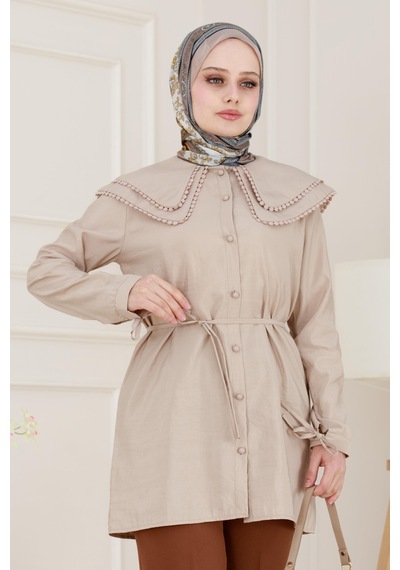 Sevitli Çift Yaka Dantelli Tunik-vizon-4980 Vizon