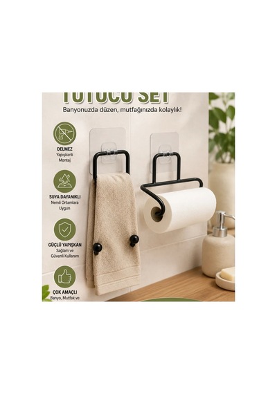 Yapışkanlı Rulo Kağıt Tutucu Ve Havlu Askılığı Banyo Ve Mutfak İçin 2 Li Set Renkli