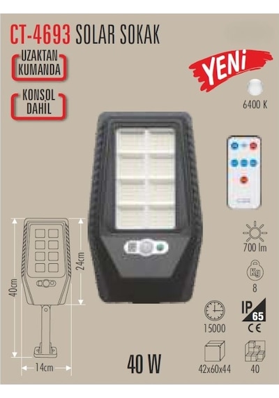 Cata 40w Ct-4693 Solar Sokak Armatürü Beyaz Işık