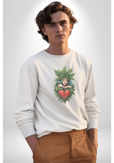 Kalp Parmak Kız Yeşillik Mutluluk Unisex Beyaz Baskılı Sweatshirt Beyaz