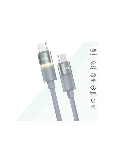 Type C Hızlı Şarj Kablosu Type-c To Type-c, 60w, 480 Mbps, 1.2m, Pd, Led Işıklı Gri V0201004