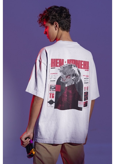 Tokyo Ghoul Ken Kaneki Sırt Baskılı Unisex Oversize Anime Tişört Beyaz