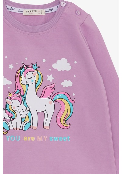 Breeze Kız Çocuk Sweatshirt Sevimli Unicorn Baskılı 1-4 Yaş, Eflatun