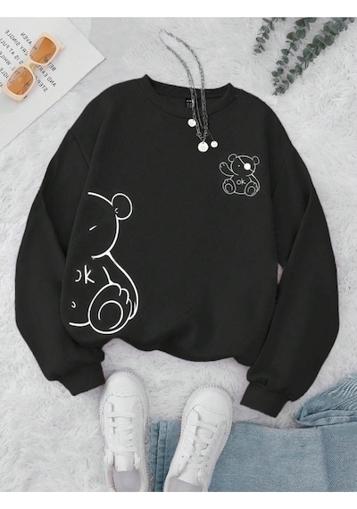 Startmore Siyah Unisex Erkek/kadın Ok Bear Özel Renkli Baskılı Oversize Pamuklu Bisiklet Yaka